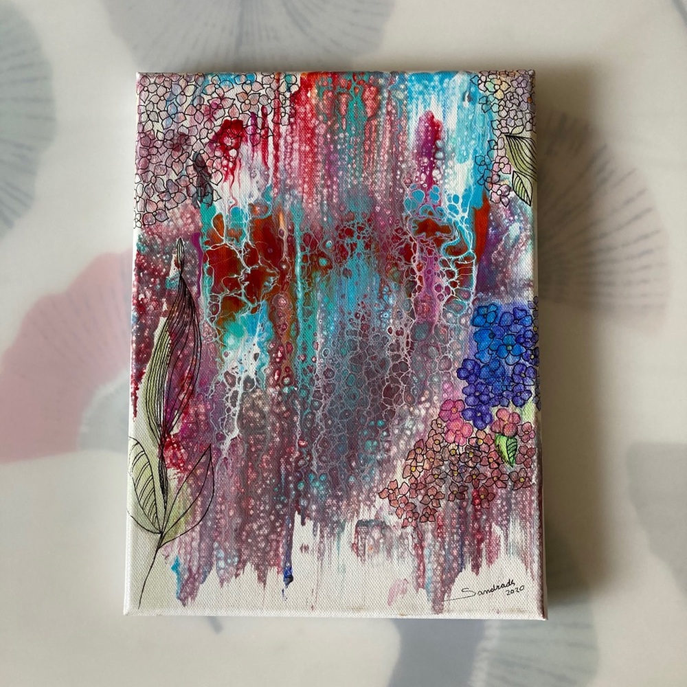 Acrylic pouring and watercolor painting on canvas